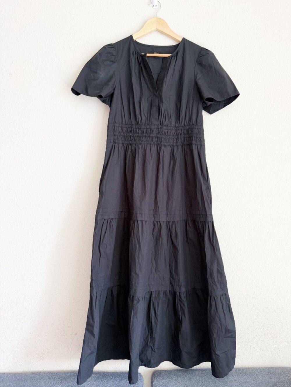 Quince Black Organic Cotton Smocked Tiered Midi Dress Size M